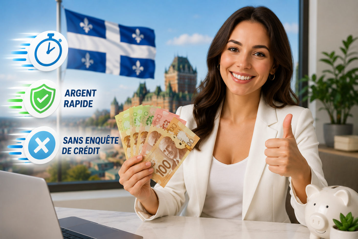 Cliente satisfaite tenant des billets de 100 dollars canadiens devant le drapeau du Québec