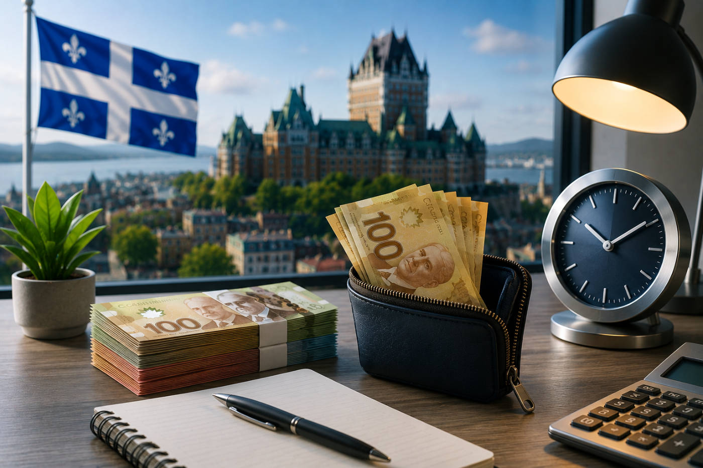 Billets canadiens, portefeuille, horloge et calculatrice sur un bureau devant le Château Frontenac